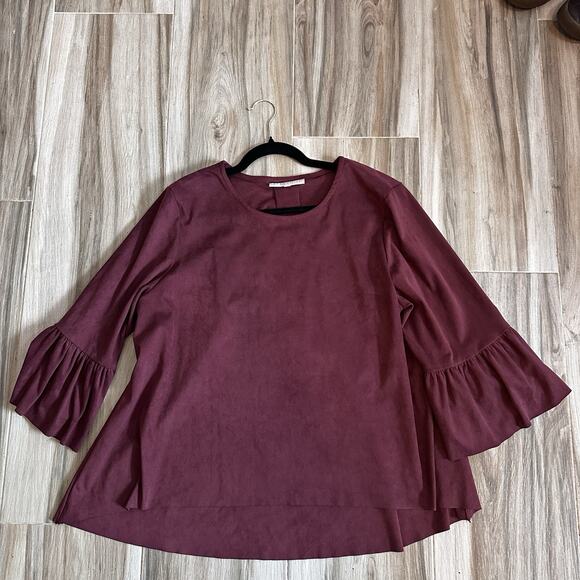 Bryn Walker Women Top Sz 2X Faux Suede Burgundy Red Lagenlook Hi Low Bell Sleeve - Picture 1 of 7